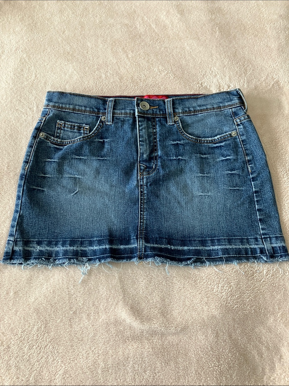 Y2K Denim Mini Skirt Studded Pocket Raw Hem Low Rise Size 7